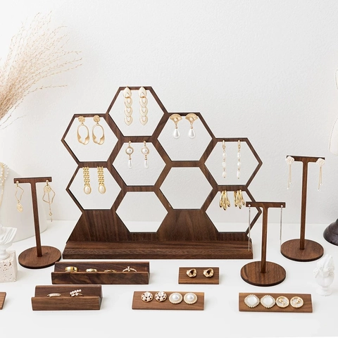 Walnut Wood Jewelry Display Stand Honeycomb Hexagon Earring Organizer T Bar Stud Rack Desktop Storage Photography Props