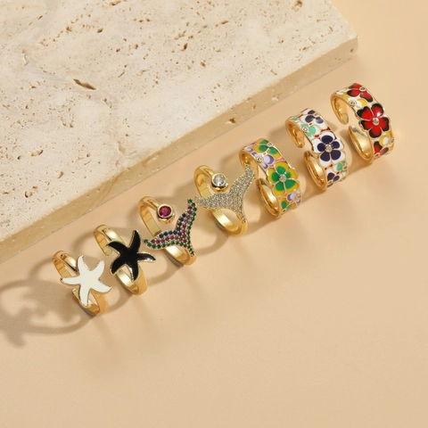Kupfer Zirkonia Emaille Geometrischer Verstellbarer Offener Ring Für Damen Seestern Fischschwanz Blume Leichter Luxus Gold Fingerring Schmuck