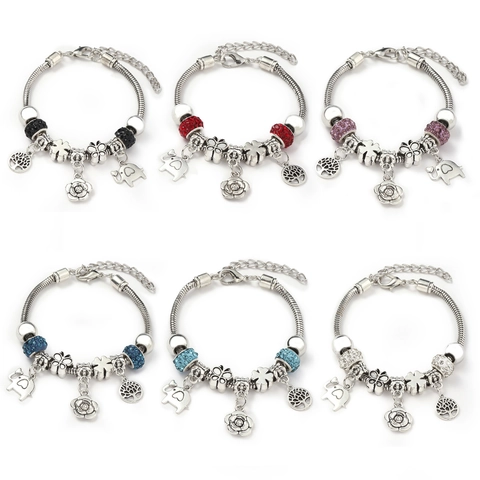 Zinc Alloy Butterfly Flower Charm Bracelet For Women Rhinestone Tree Of Life Elephant Pendant DIY Beaded Fashion Jewelry Gift