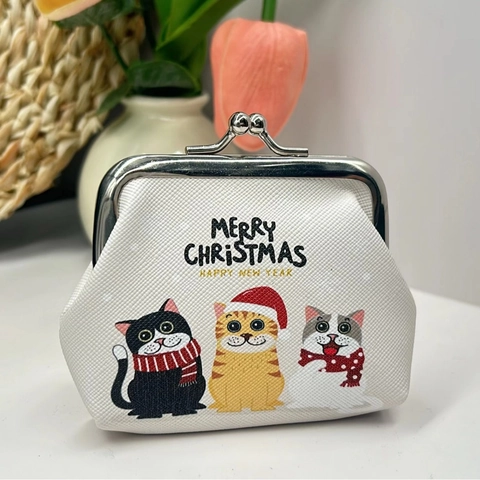 Christmas Mini Coin Purse PU Leather Metal Kiss Lock Cartoon Santa Cat Print Holiday Gift Storage Pouch