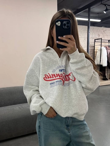 Damen Sweatshirt Mit Halbem Reißverschluss Verdickte Baumwollmischung California Brief Druck Vintage Revers Langarm Lockerer Casual Top
