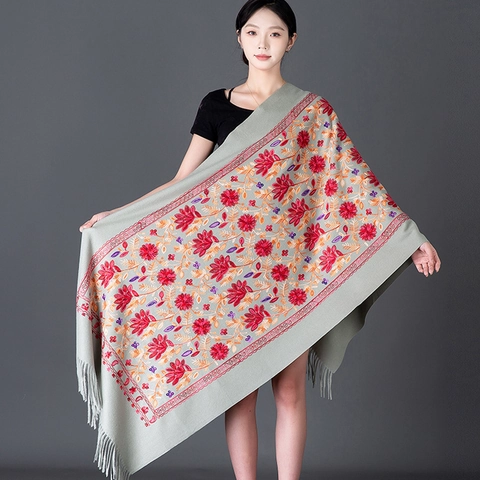 Winter Schal Damen Bestickt Blumen Kaschmir Imitat Verdickt Warm Großer Schal Ethnischen Stil Quaste Wrap