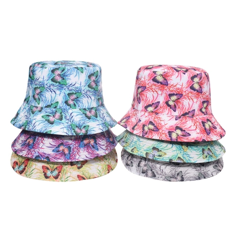 Fashion Butterfly Print Bucket Hat Polyester Reversible Summer Outdoor Sunshade Beach Fisherman Cap Women Men