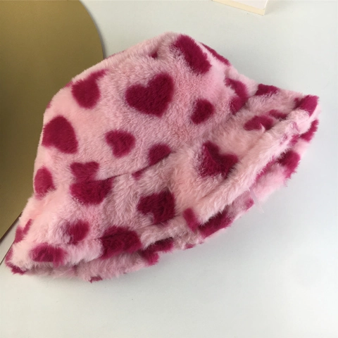 Plush Bucket Hat Faux Fur Heart Pattern Warm Winter Casual Outdoor Korean Style For Women