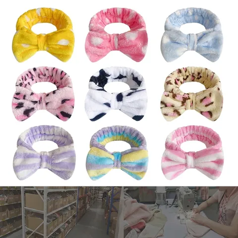 Plush Facial Headband Coral Fleece Elastic Bowknot Hair Band For Face Washing SPA Makeup Leopard Polka Dot Patterns