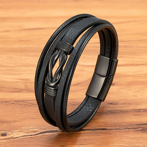 Bracciale In Pelle Intrecciata Acciaio Inossidabile Chiusura Magnetica Nodo Multistrato Gioielli Di Moda Casual Regalo Uomo Donna
