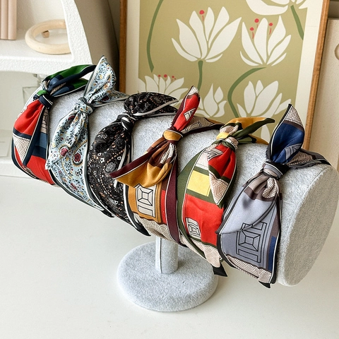 Retro Satin Knot Bow Headband For Women Wide Patchwork Geometric Paisley Print Fabric Hair Band Elegant Headpiece