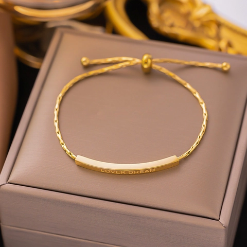 Pulsera Minimalista De Acero Inoxidable Grabada Lover Dream Para Mujer Oro Plata Ajustable Pulsera De Barra Geométrica