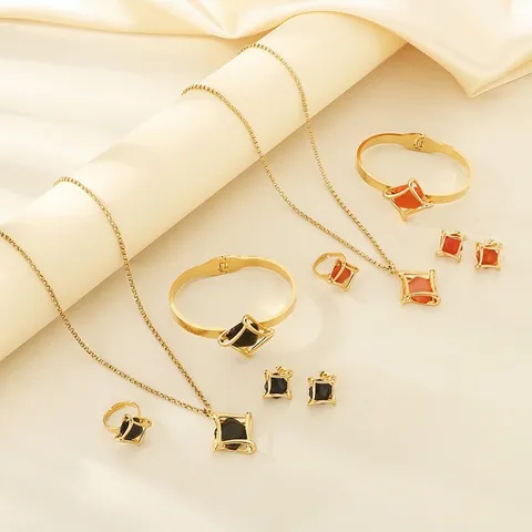 Geometrischer Edelstahl Schmuck Halskette Armband Offener Ring Und Ohrstecker Gold Vergoldet Quadratischer Stein Für Damen