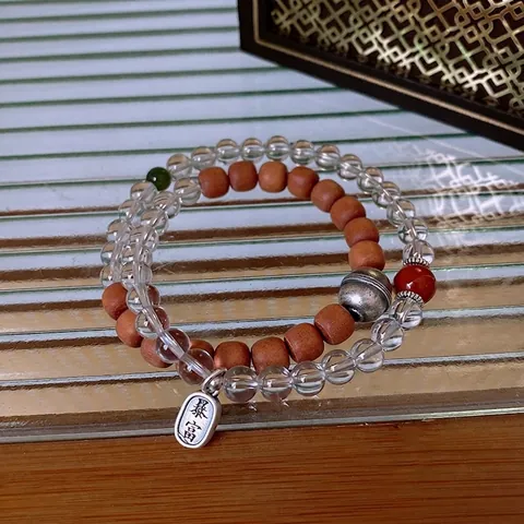 Perlenarmband Weißer Kristall Und Sandelholz Geschichtet Wickel S925 Sterling Silber Glücksbringer Für Frauen Neuer Chinesischer Stil