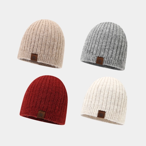 Berretto In Maglia Beanie Misto Lana Spesso A Coste Caldo Inverno Outdoor Casual Donna Patch In Pelle Motivo Fiocco Di Neve