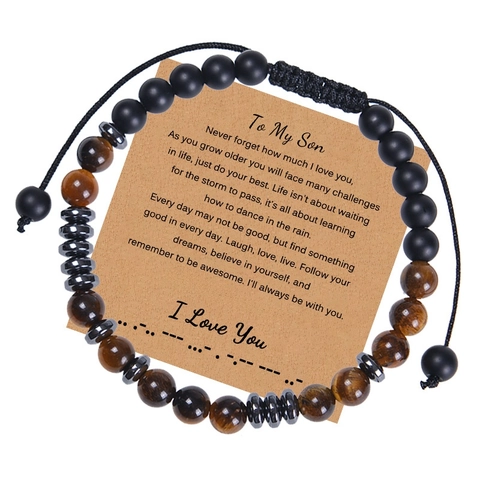 Morse Code Armband Natuurlijke Tijgeroog Steen Zwarte Matte Agaat Kralen Verstelbaar Gevlochten Touw Cadeau Voor Zoon Vriend