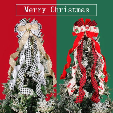 Noeud Cimier De Sapin De Noël Grand Ruban En Toile De Jute Plaid Imprimé Camion Rouge Vintage Décoration Maison Style Ferme