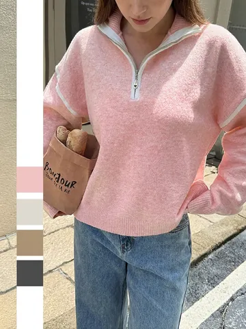 Jersey Con Media Cremallera Mujer Manga Con Rayas De Contraste Poliéster Viscosa Punto Holgado Casual Otoño Invierno Tops