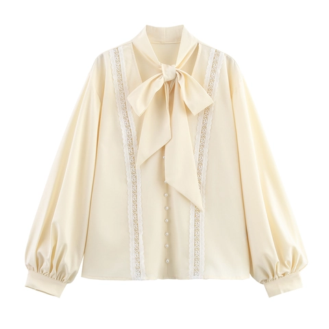 Women Blouse Shirt Elegant Tie Neck Bow Lace Patchwork Lantern Long Sleeve Solid Color Artificial Pearl Button Office Lady Tops