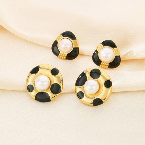 Pendientes De Botón Geométricos Retro Franceses Acero Inoxidable 316L Esmalte Perla Artificial Estilo Vintage Accesorios Elegantes