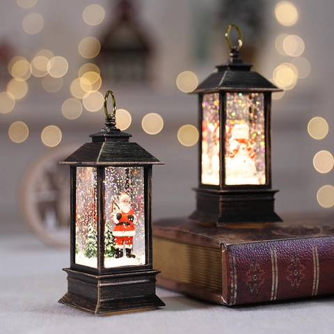 Retro Weihnachts Laterne LED Wasser Schneekugel Weihnachtsmann Schneemann Ornament Tischdeko Batteriebetrieben Bronze Glitzer