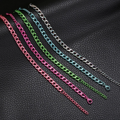Stainless Steel Curb Chain Bracelet Colorful Electroplated Hip Hop Cuban Link Jewelry Adjustable Lobster Clasp Trendy