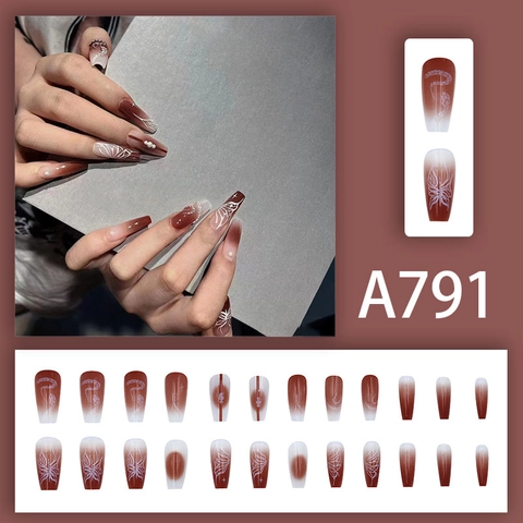 Uñas Postizas Largas Coffin Degradado Marrón Oscuro Blanco Patrón Mariposa Serpiente Decoración Perlas Artificiales Estilo Retro