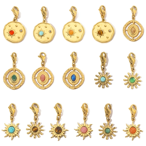 Retro Sun Natural Stone Pendant Charms Stainless Steel Detachable DIY Jewelry Making Components French Style