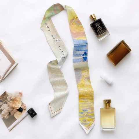 Lange Smalle Lint Sjaal KunstSatijn Olieverf Van Gogh Stijl Haarband Tas Handvat Wikkel Elegant Artistiek Voor Dames
