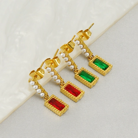 Orecchini Pendenti In Acciaio Inossidabile Placcato Oro 18K Con Zircone Rettangolare E Perla Artificial Di Imitazione Per Donna