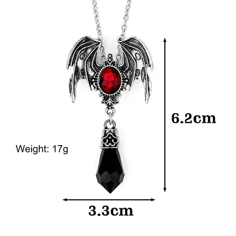 Bat Wing Pendant Necklace Retro Silver Alloy Inlaid Gemstone Gothic Victorian Halloween Style Jewelry Accessories
