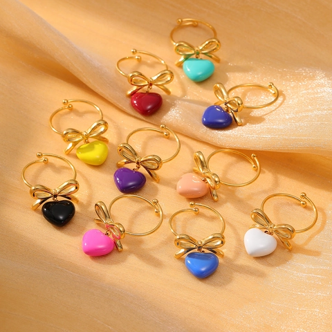 Anello Aperto in Acciaio Inossidabile a Fiocco con Cuore in Smalto Colorato Regolabile Ciondolo a Cuore Gioielli da Donna