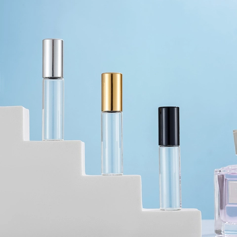 Transparent Glass Roller Bottle Refillable Essential Oil Perfume Liquid Container Travel Portable With Metal Cap Cylindrical