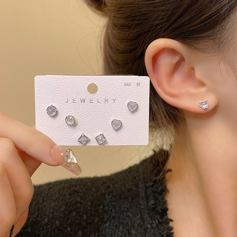 Collezione Di Orecchini A Lobo In Zircone Geometrico Con Perno In Argento Sterling 925 Rame Cuore Tondo Quadrato Gioielli Donna