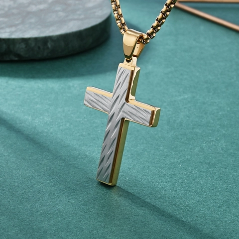 Collana Con Pendente A Croce Acciaio Inossidabile Design Texture Bicolore Uomo Punk Hip Hop Gioielli Religiosi Alla Moda
