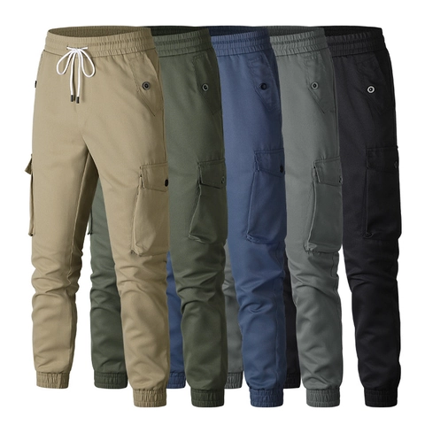 Pantalones Cargo Jogger Hombre Poliéster Cintura Elástica Con Cordón Bolsillos Múltiples Casual Elegante Streetwear