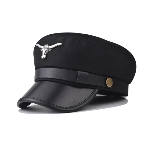 Vintage Sailor Cap With PU Leather Brim And Metal Bull Head Badge Retro Military Fiddler Hat For Men Women Fashion