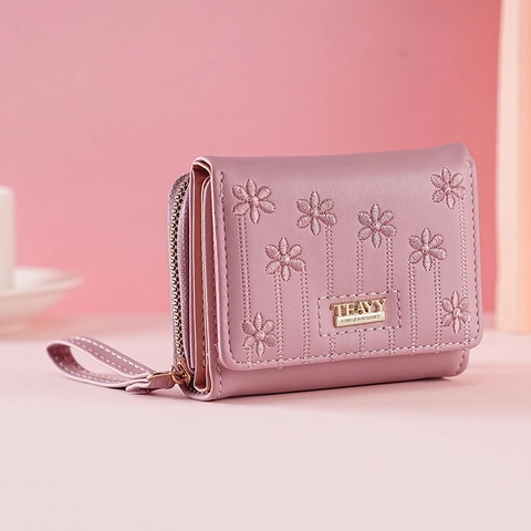 Petit Portefeuille Femmes Broderie Florale Cuir PU Motif Marguerite Porte-Monnaie À Fermeture Éclair Avec Dragonne
