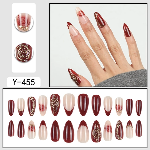 Press On Nails Almond Shape Wine Red Gold 3D Rose Embossed French Style Glossy Artificial False Nails For Women