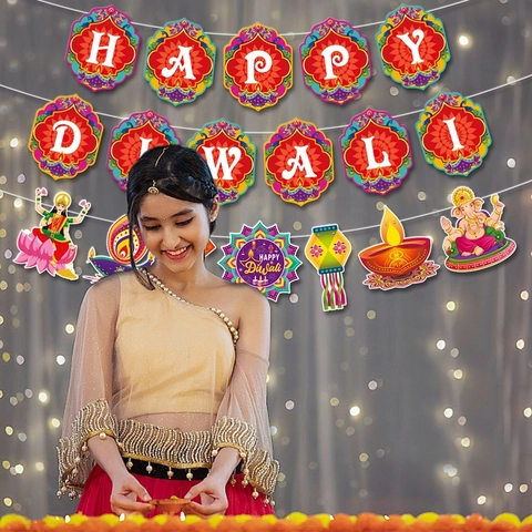 Happy Diwali Banner Papiergirlande Indisches Festival Party Dekorationen Ganesh Lakshmi Diyas Laterne Hängende Kulisse