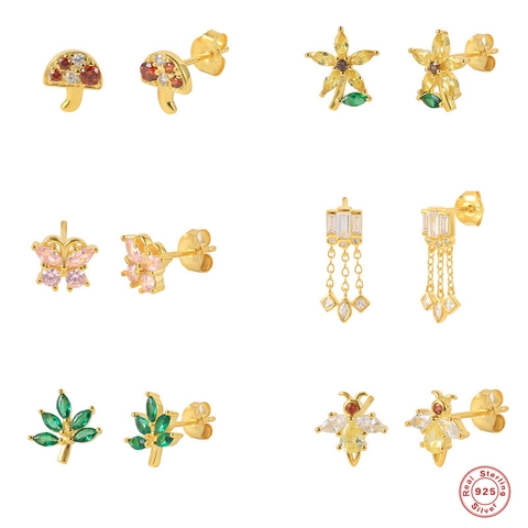 Dainty 925 Sterling Silver Earring Studs With Cubic Zirconia Tiny Butterfly Bee Mushroom Flower Jewelry For Women