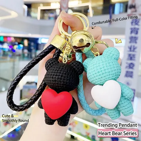Portachiavi Orso Cuore Trama Intrecciata Resina Animale Cartone Animato Ornamento Cinturino Intrecciato Campanello Dorato Ciondolo