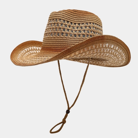Western Cowboy Strohhut Durchbrochene Breite Krempe Atmungsaktiv Sonnenschutz Vintage Ethnischen Stil Outdoor