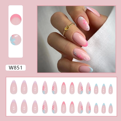 Press On Nails Almond Shape Floral Pattern French Tip Colorful Plastic Sweet French Style For Women Girls