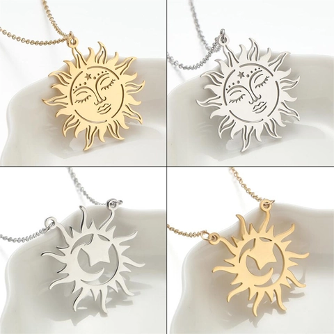 Collana Con Ciondolo Viso Sole Acciaio Inossidabile Cavo Sole Luna Stella Geometrico Retro Boho Per Donne