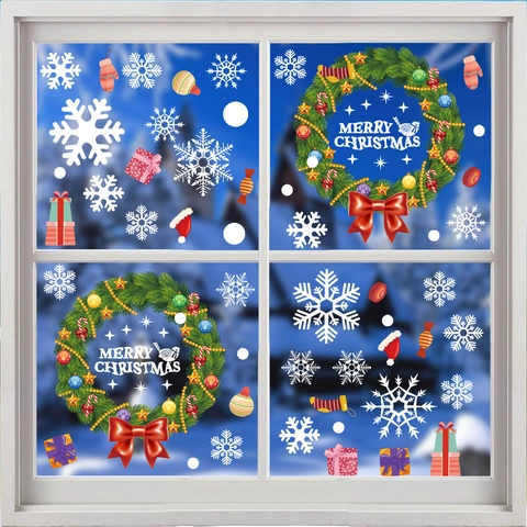Christmas Window Stickers Static Cling PVC Reusable Wreath Snowflake Decals For Glass Door Home Party Decor