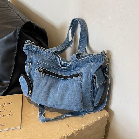 Sac Cabas En Jean Vintage Femme Grande Capacité Multi Poches Sac Bandoulière Avec Mini Pochette Ronde Amovible