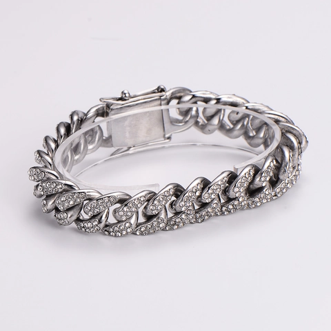Pulsera De Eslabones Cubanos Para Hombre Acero Inoxidable 316L Diamantes De Imitación Hip Hop Punk Joyería Color Plata