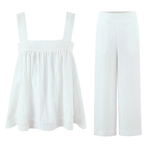 Women Sleeveless Square Neck Lace Embroidery Camisole Tank Top And Wide Leg Pants Viscose Cotton Blend Bohemian Style