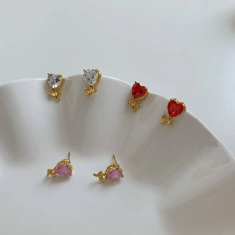 Pendientes De Botón Corazón Acero Inoxidable Chapado En Oro Circonita Flor Hoja Colorido Joyería Romántica Mujer