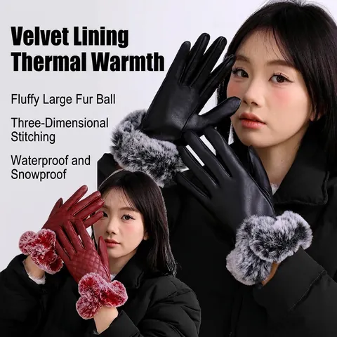 Guanti da Donna Invernali in Pelle PU Caldi Foderati in Pile Trapuntati Con Bordo in Pelliccia Sintetica Touchscreen