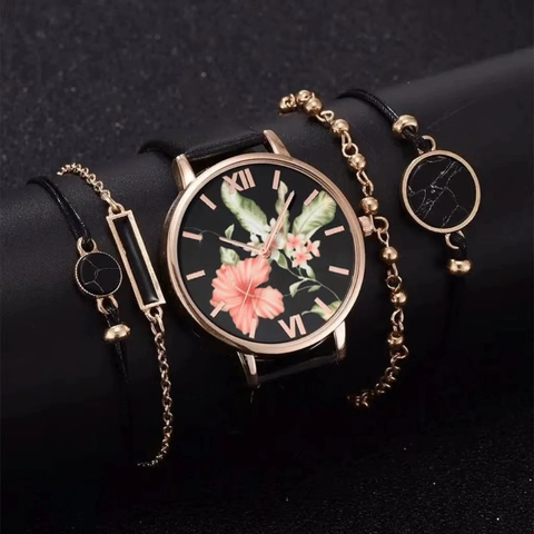 Damen Quarzuhr Und Armbänder Mit Blumenmuster Zifferblatt Legierungsgehäuse Lederarmband Elegant Casual Modeaccessoire