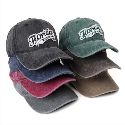 Casquette De Baseball En Coton Lavé Style Américain Rétro Broderie Florida Original Bord Effiloché Ajustable Chapeau