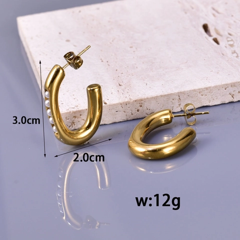 Pendientes De Aro De Acero Inoxidable Chapado En Oro De 18K Estilo Francés Con Perlas Artificiales Blancas Para Mujer